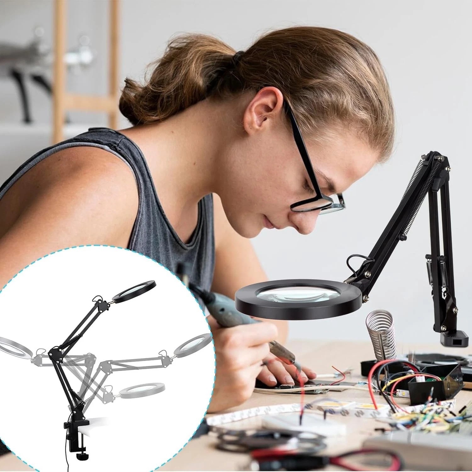 5-Diopter Glass Lens Magnifying Lamp, Adjustable Arm-