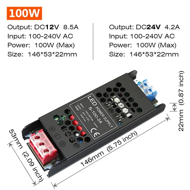Constant Voltage Power Supply 48W 60W Thin Driver For LED Strips DC 12V / 24V