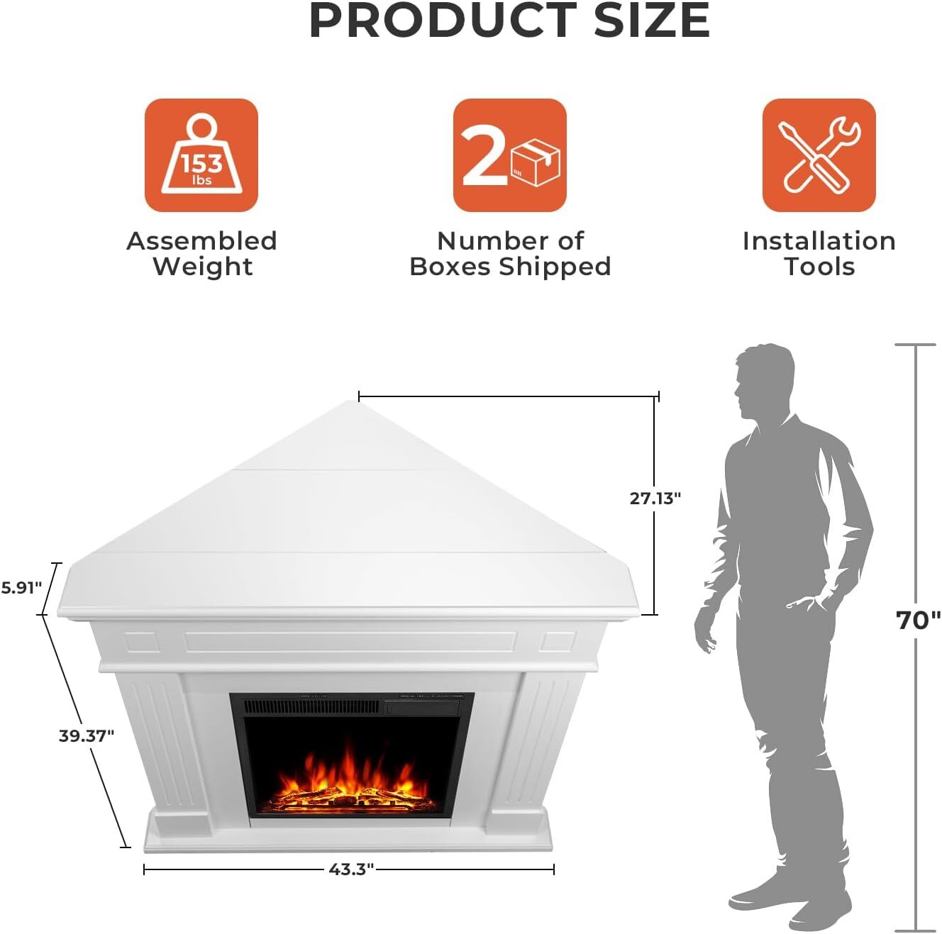 43” Corner Electric Fireplace Mantel Wooden Surround Firebox, TV Stand,Remote