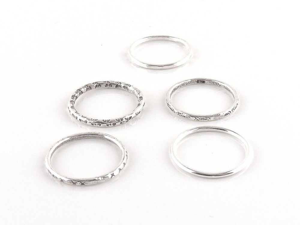 Sterling Silver 5-Pack Textured Hammered Band Rings - Free Gift Packaging