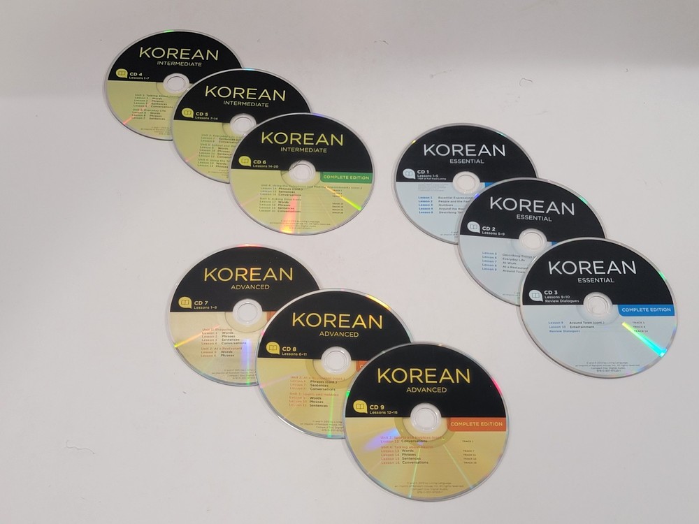 9 Korean Loose Language Audio CDs - Essential, Intermediate, & Advanced