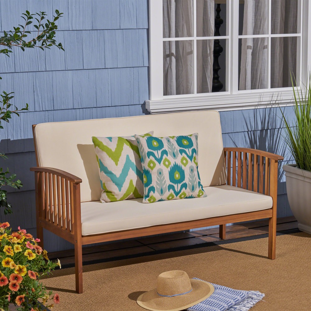 Outdoor Waterproof Loveseat with Acacia Wood Frame in Cream