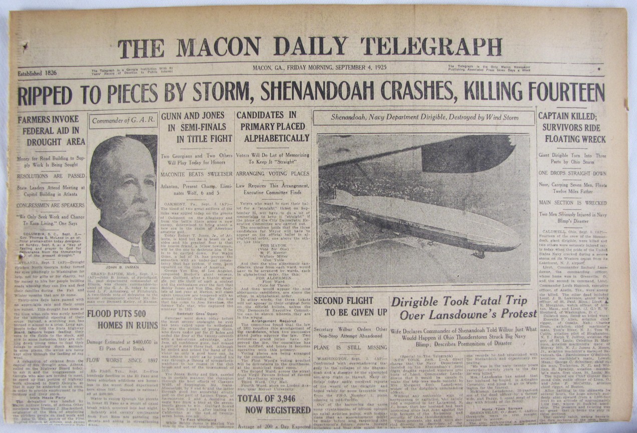 Vintage 1925 USS Shenandoah Airship Crash Newspaper
