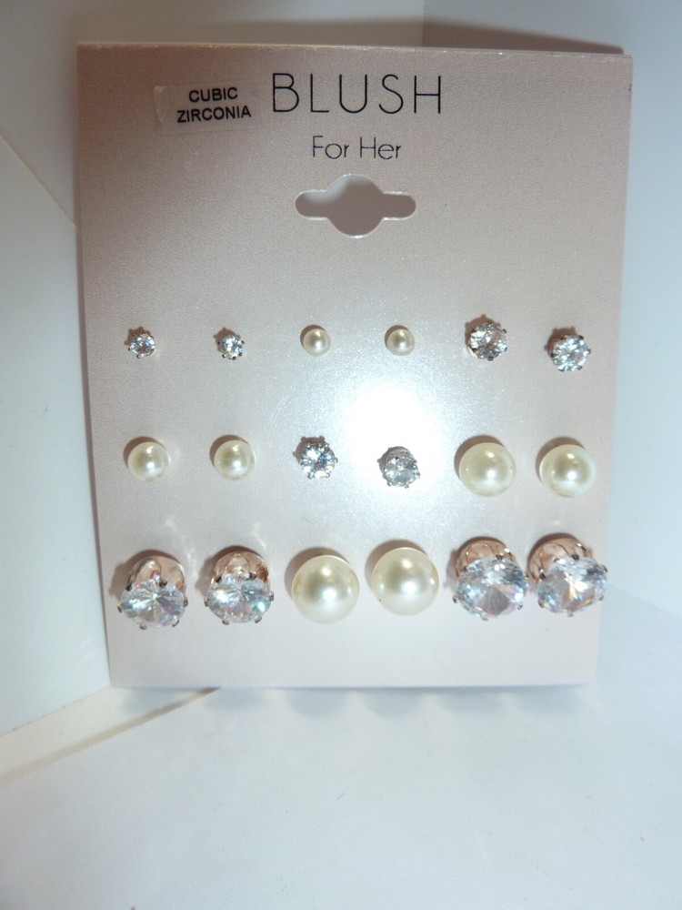 NEW BLUSH CUBIC ZIRCONIA 9 PC SET STUD POST EARRINGS