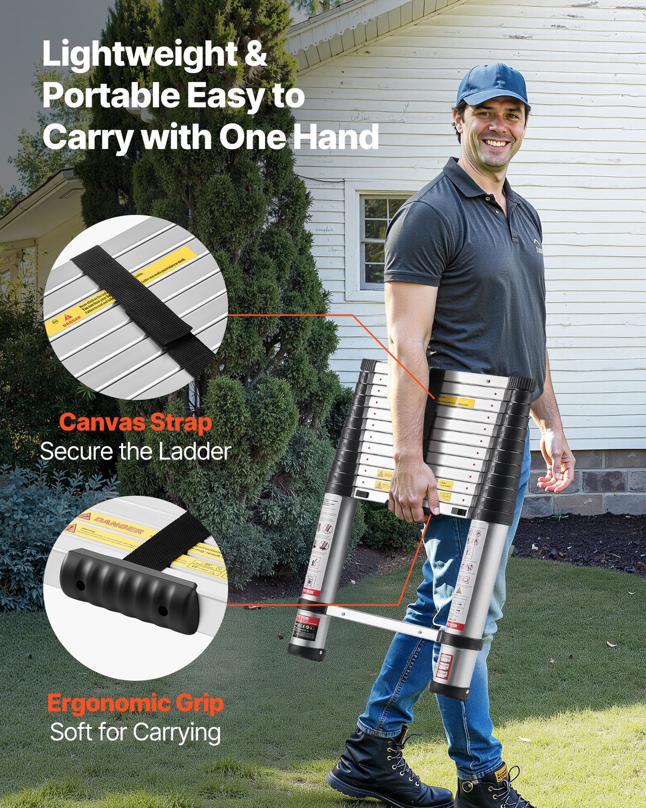 VEVOR 12.5ft Telescoping Ladder Aluminum One-Touch Retraction 330LBS Capacity