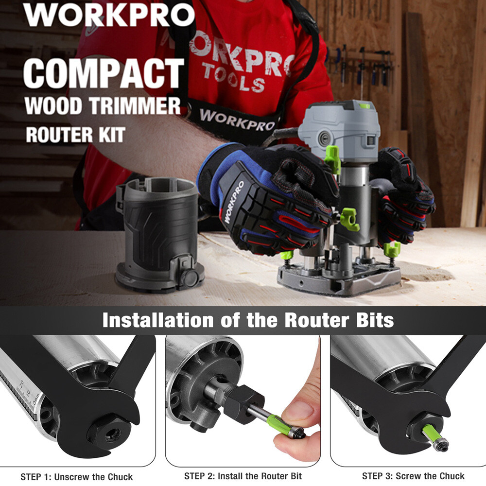 WORKPRO 32000 RPM 6.5 Amp Compact Router Combo Fixed Plunge Base Router 6 Speeds
