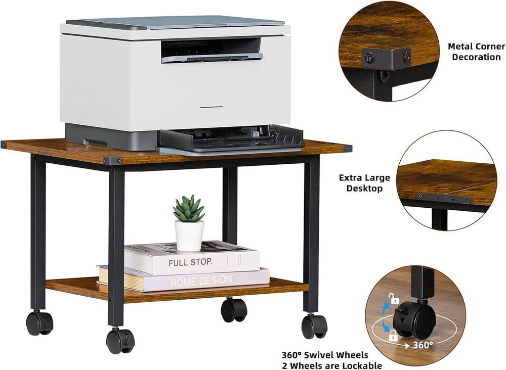 Compact Rolling Printer Stand with Rustic Finish - Easy Assemble & Versatile
