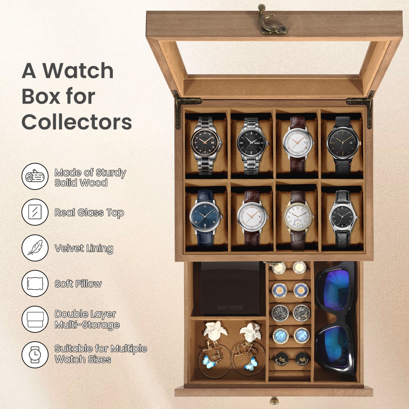 8-10-12 Slot Watch Box Solid Wood Watch Display Case with Glass Lid Watch Holder