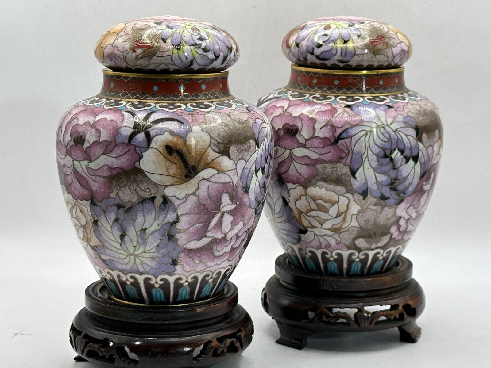Vintage Pair of Chinese Cloisonné Enamel Ginger Jar Floral Motif 6.75" Wood Base