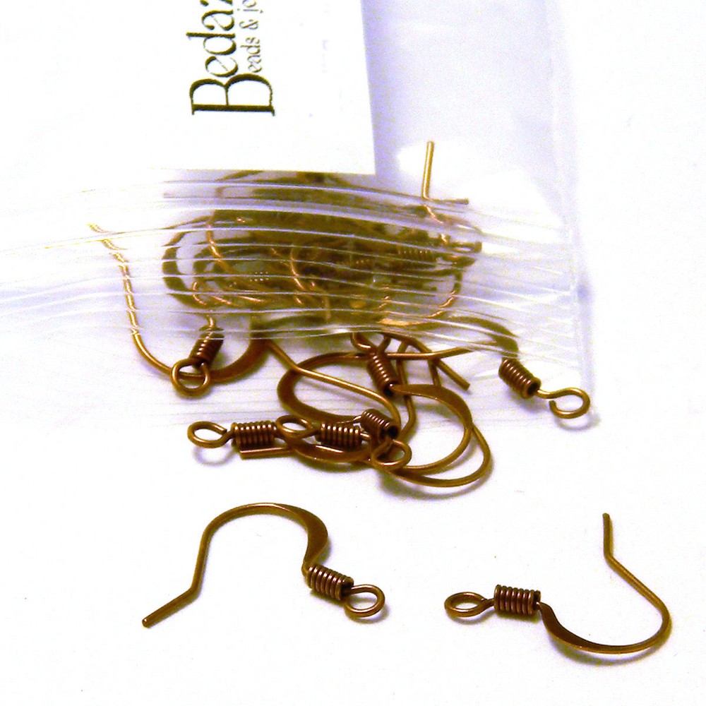 20 Antique Copper Flat Fishhook Hook Earring Findings With Coil & Open Loop Ring