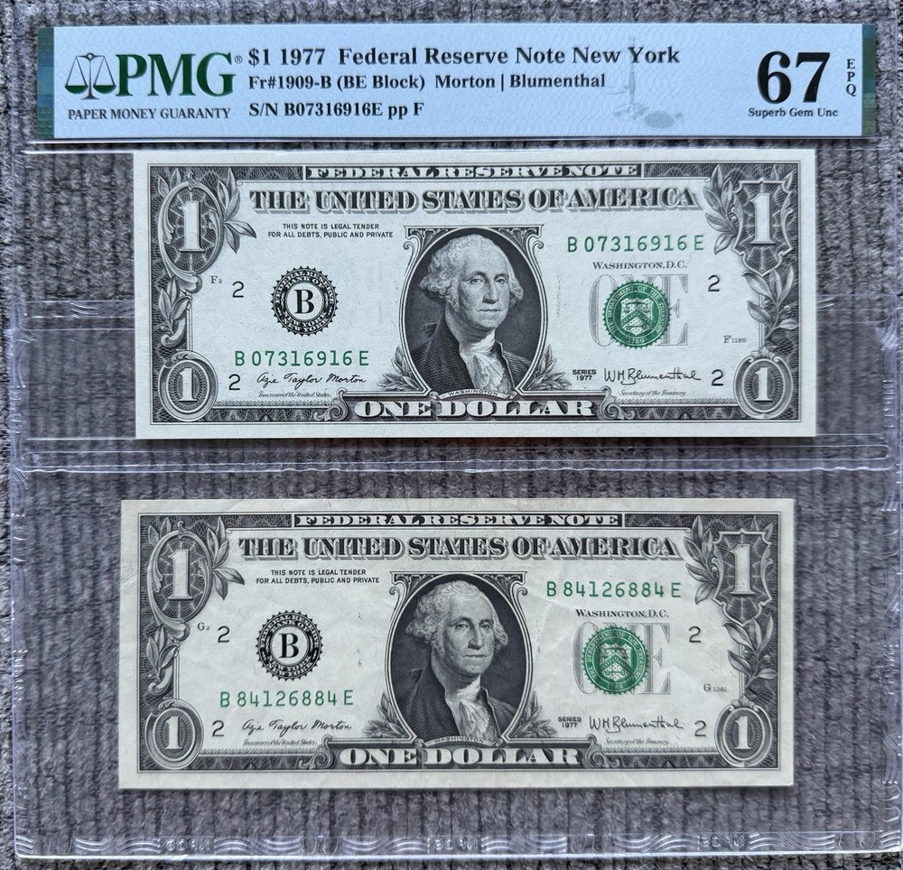 1977 Error Note - Missing 1st Print, Comes With PMG 67 Note Same Block