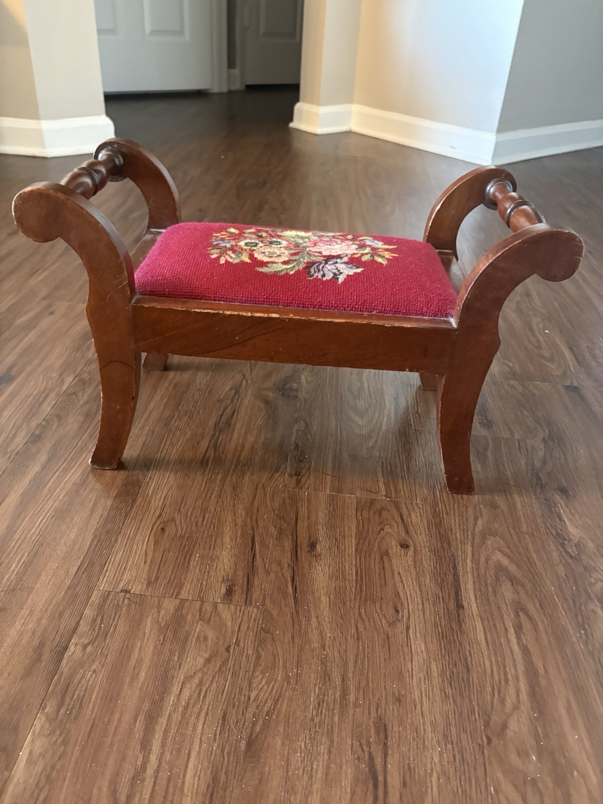 19thC Antique Victorian Footstool Bench Floral Needlepoint Petit Point