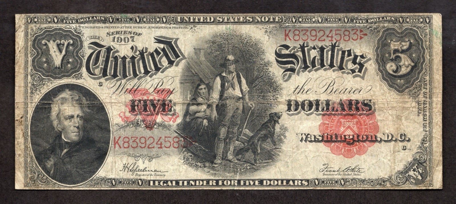 1907 $5 "Woodchopper" Legal Tender Note - F/VF
