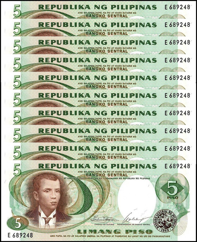 Philippines 5 Piso, 1969 ND, P-143a, UNC X 10 PCS