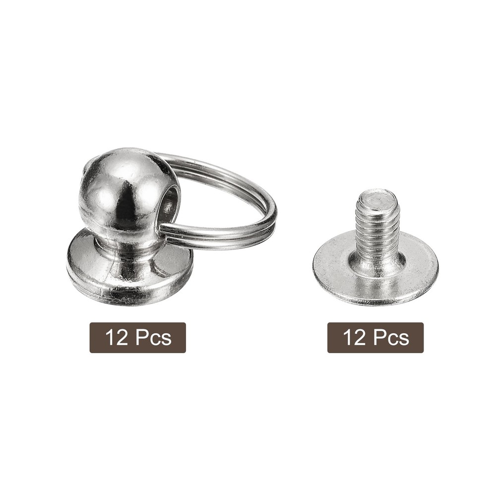 6x8mm Ball Head Stud Rivets Screw Back with Double Split Ring, 12Pack, Silver
