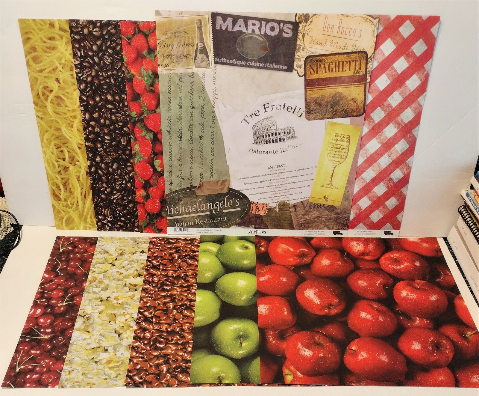 Scrapbook Paper FOOD Popcorn Apple Strawberry Spaghetti Chocolate Cherry Coffee