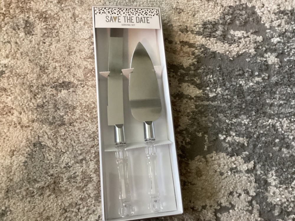 Silver Clear Cake knife Server Set Clear Handles (Save the Date )