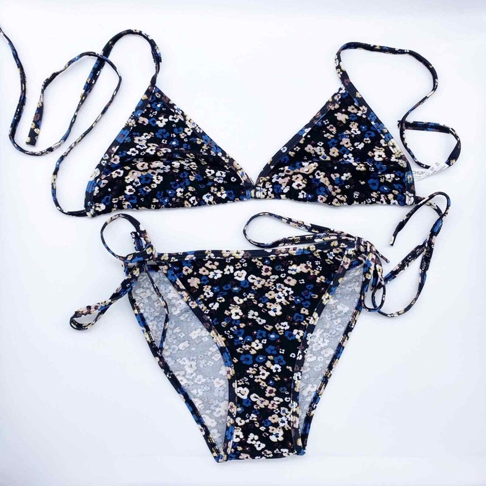 NWOT Chuns Floral Blue Triangle String Bikini Set Size Small/ Medium