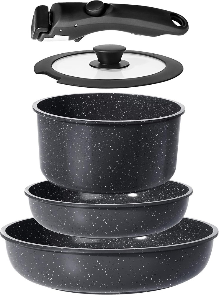 Versatile Induction Compatible Cookware Set with Removable Handles & Lids