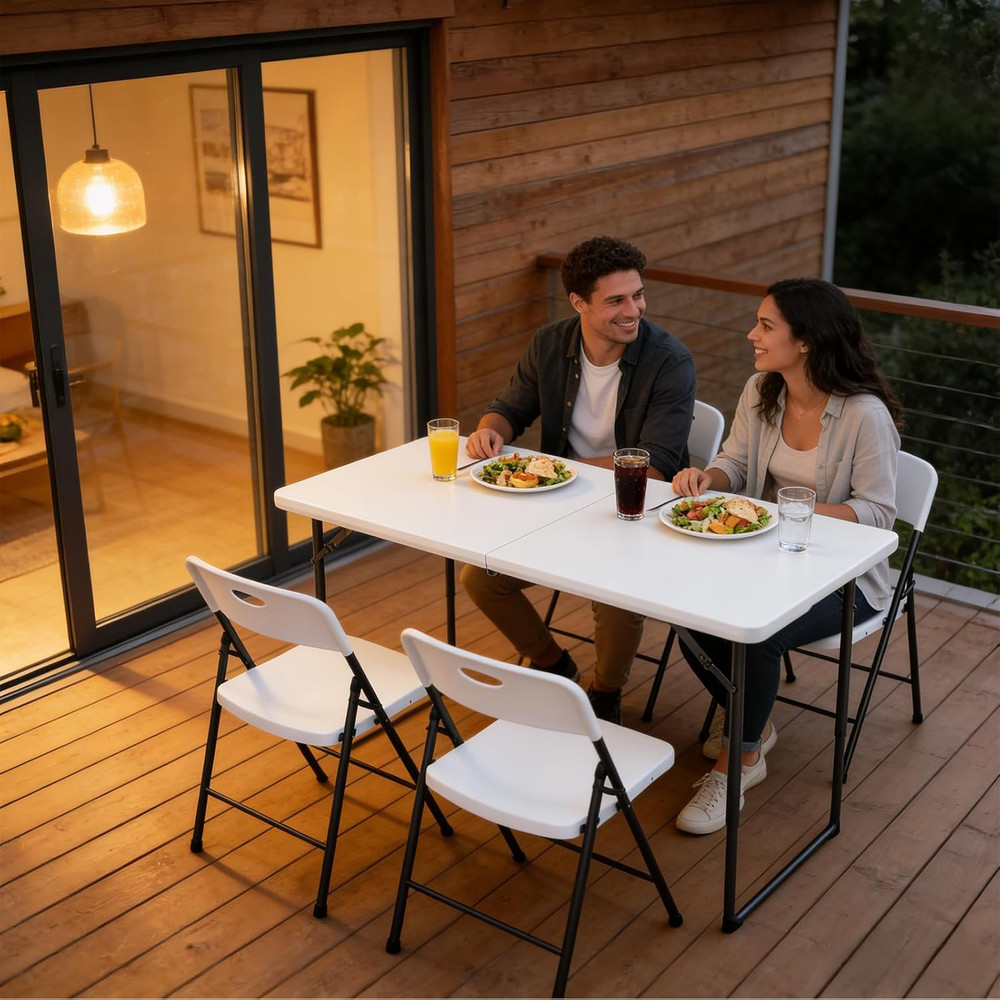 Folding Table 4ft - Heavy Duty Fold-in-Half Plastic Table with Adjustable Height