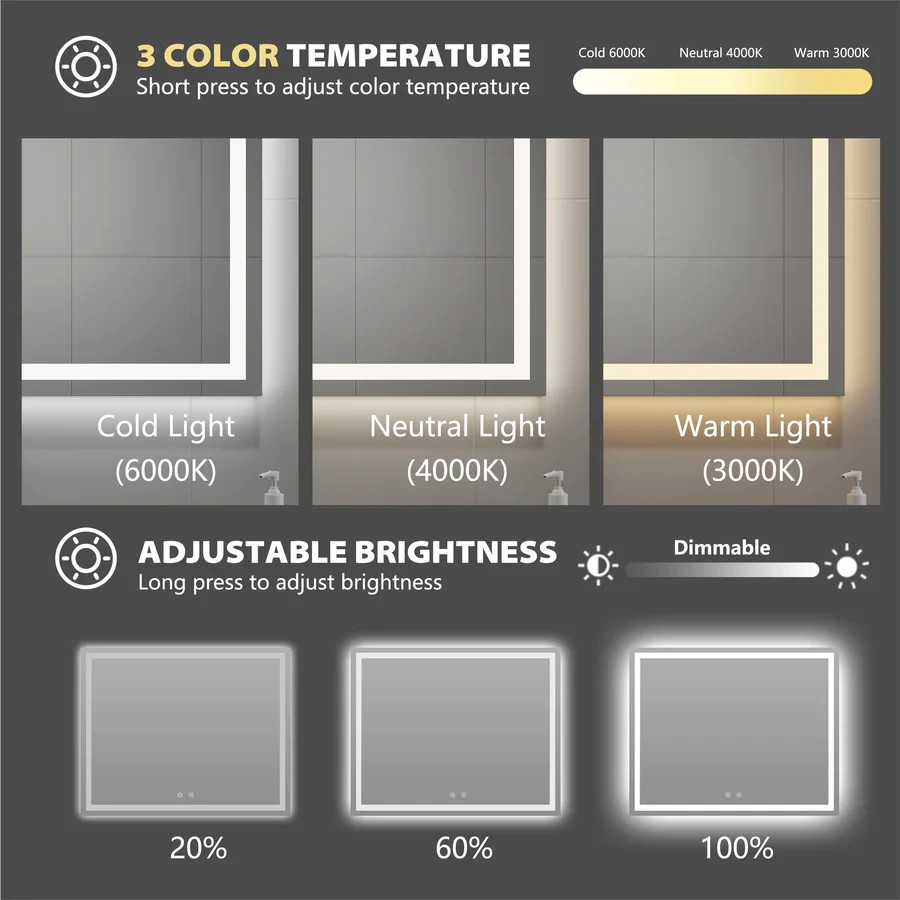ARPINO Large Rectangle LED Bathroom Mirror, Illuminated Vanity Wall Mirror