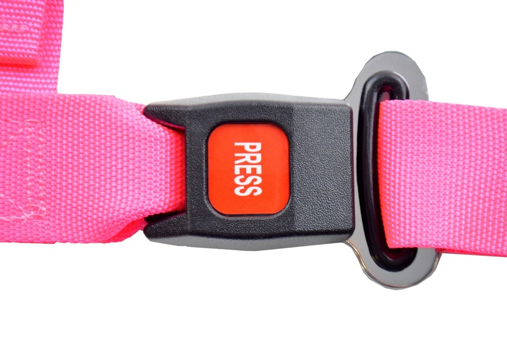 PINK 4 POINT SEAT BELT 2" HARNESS, PULL DOWN LAP BELTS FLOOR MOUNT PUSH BUTTON