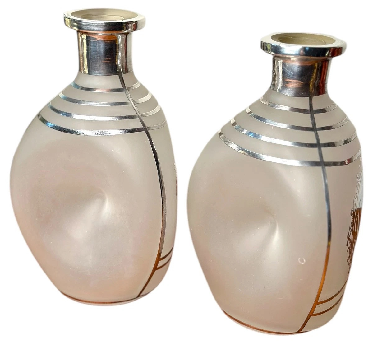 Art Deco Decanters Sterling Silver Overlay Gin Scotch Pair Pinch Bottle Barware