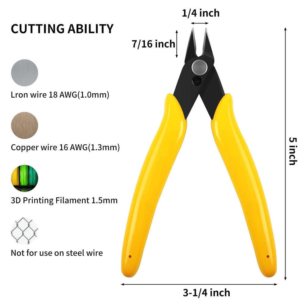 5pcs Micro Flush Cutters Internal Spring Diagonal Soft Copper Wire 5in Yellow