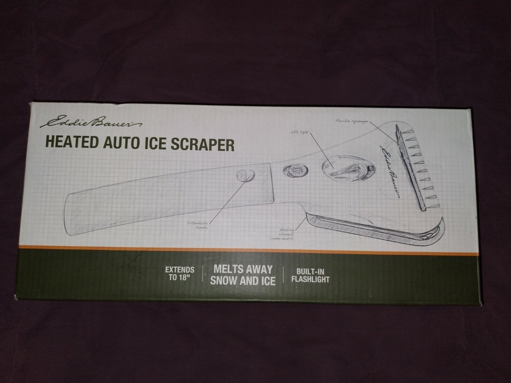 NEW! Eddie Bauer Heated Auto Ice Scraper w/ Flashlight extends 18"!