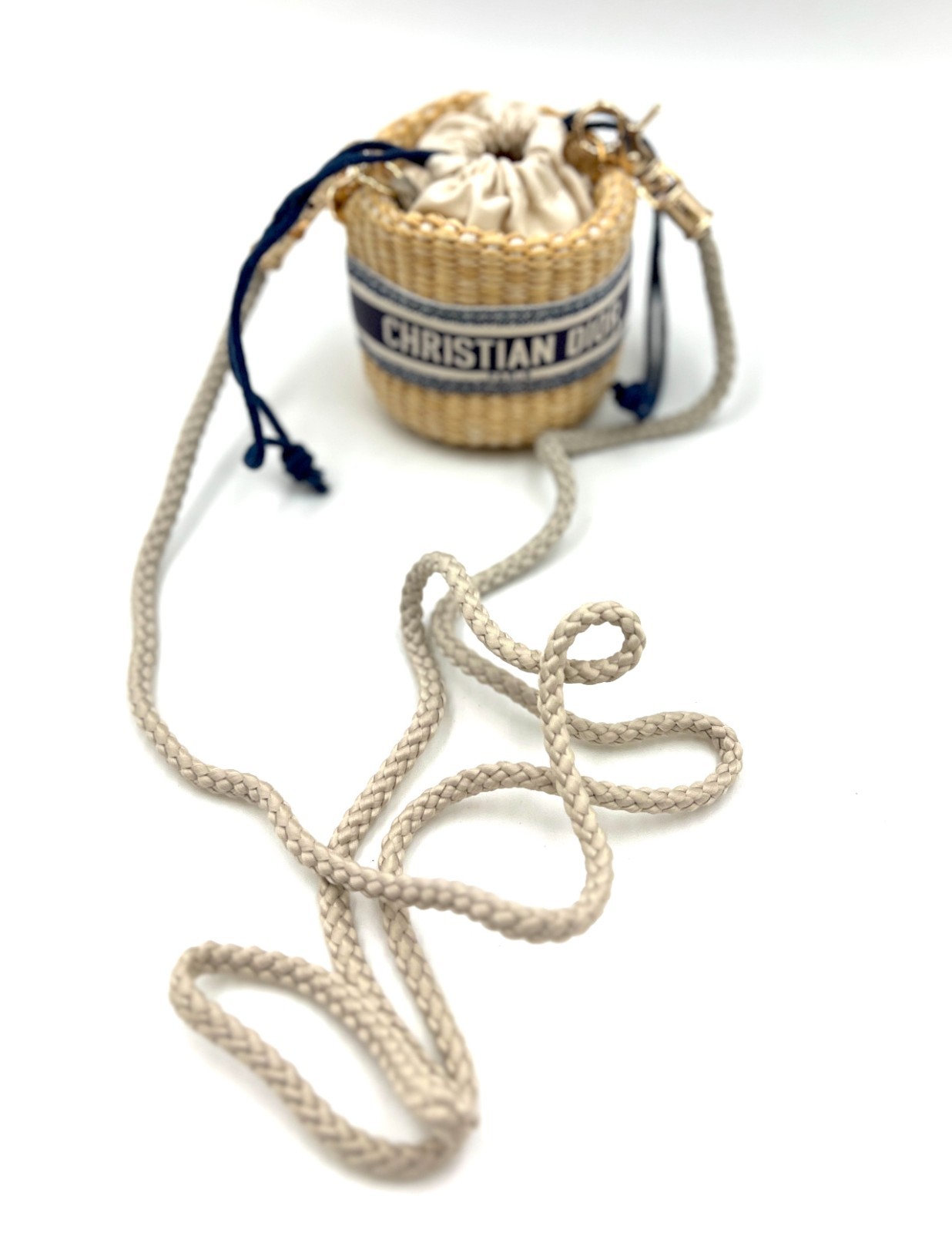 Christian Dior Straw Mini Pouch Cosmetic Bag with a Drawstring Closure~Mini Size