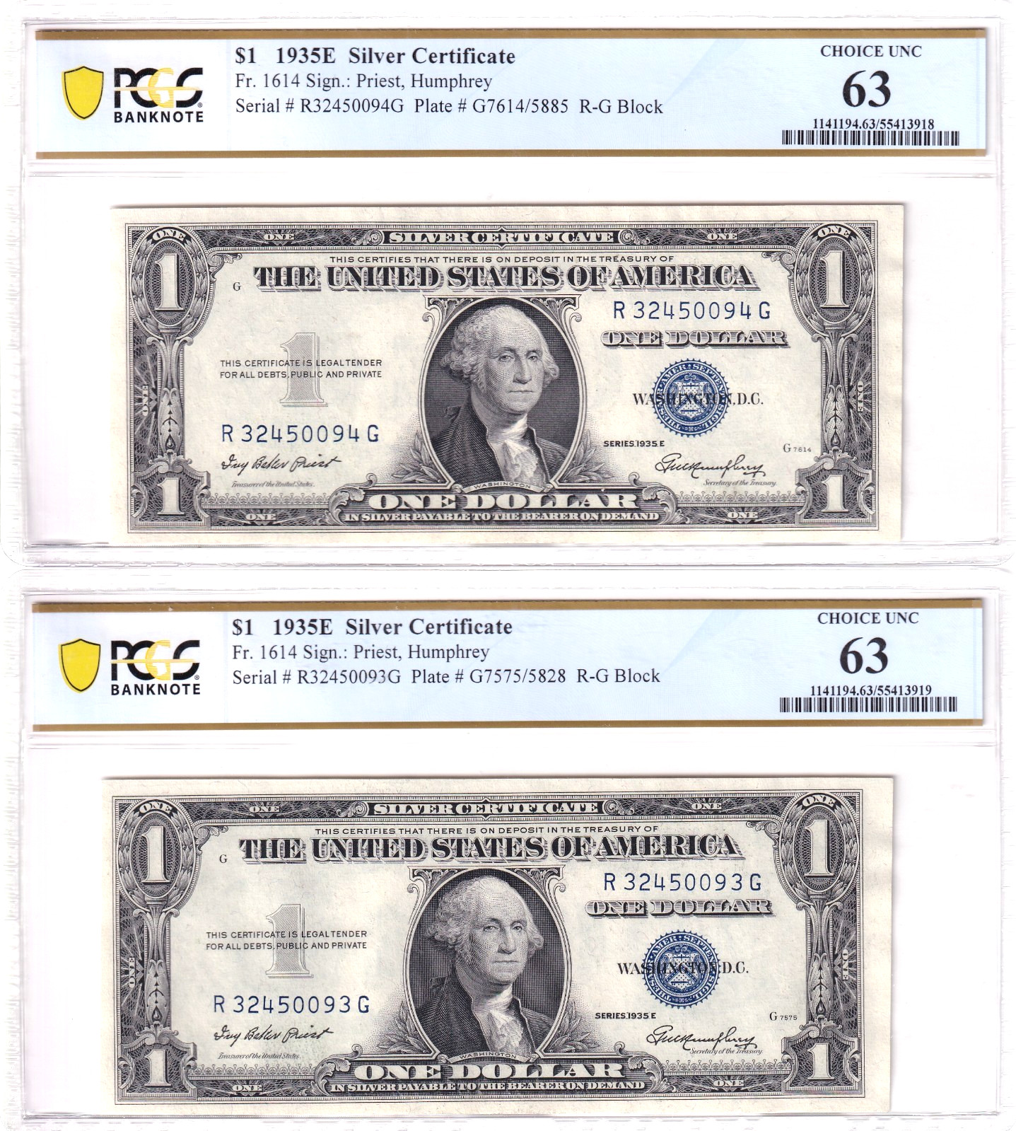 1935E, $1 Silver Certificate's Sequential Pair PCGS 63 Choice UNC