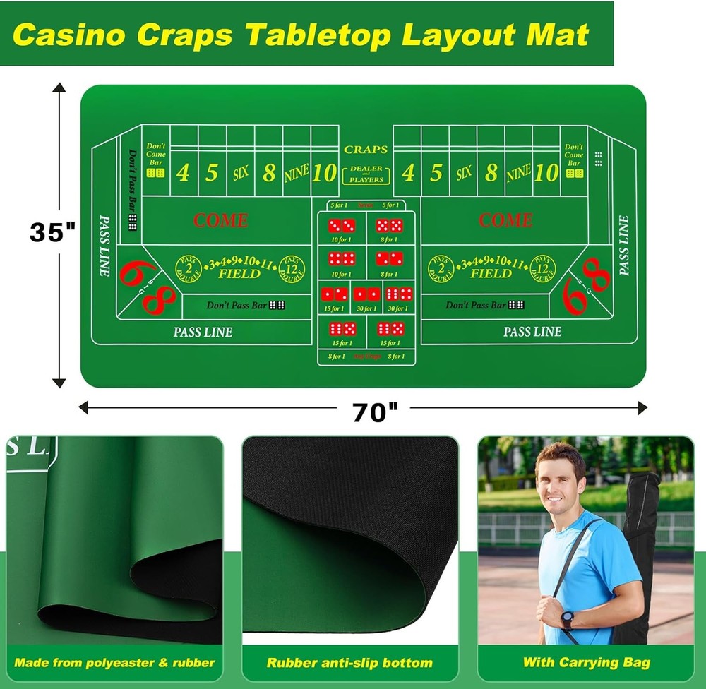 Craps Tabletop Game Set, Includes 35" X 70" Rubber Craps Tabletop Layout Mat, 36