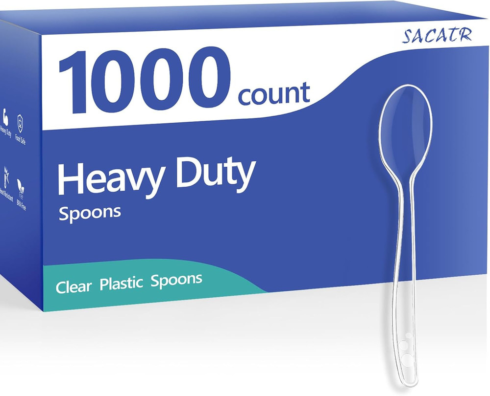 1000 Count Clear Plastic Spoons Bulk - Plastic Silverware Spoons Heavy Duty, Pre