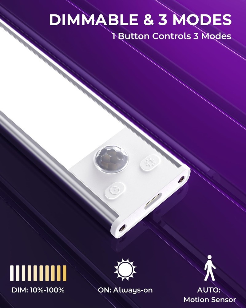 2 Pack Under Cabinet Light, Motion Sensor, 3 Colors, 2000mAh, Rechargeable