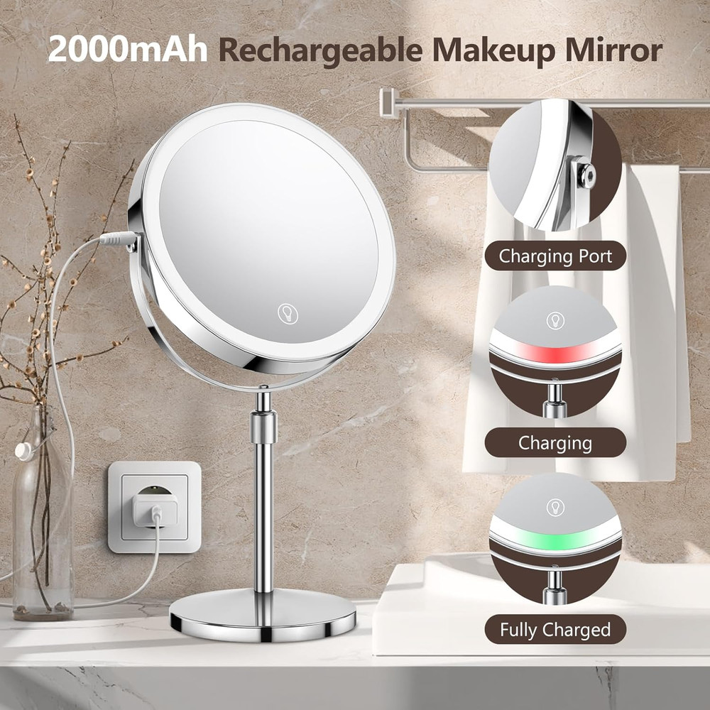 Lighted Makeup Mirror, Rechargeable Height Adjustable Double Sided, 1X/10X