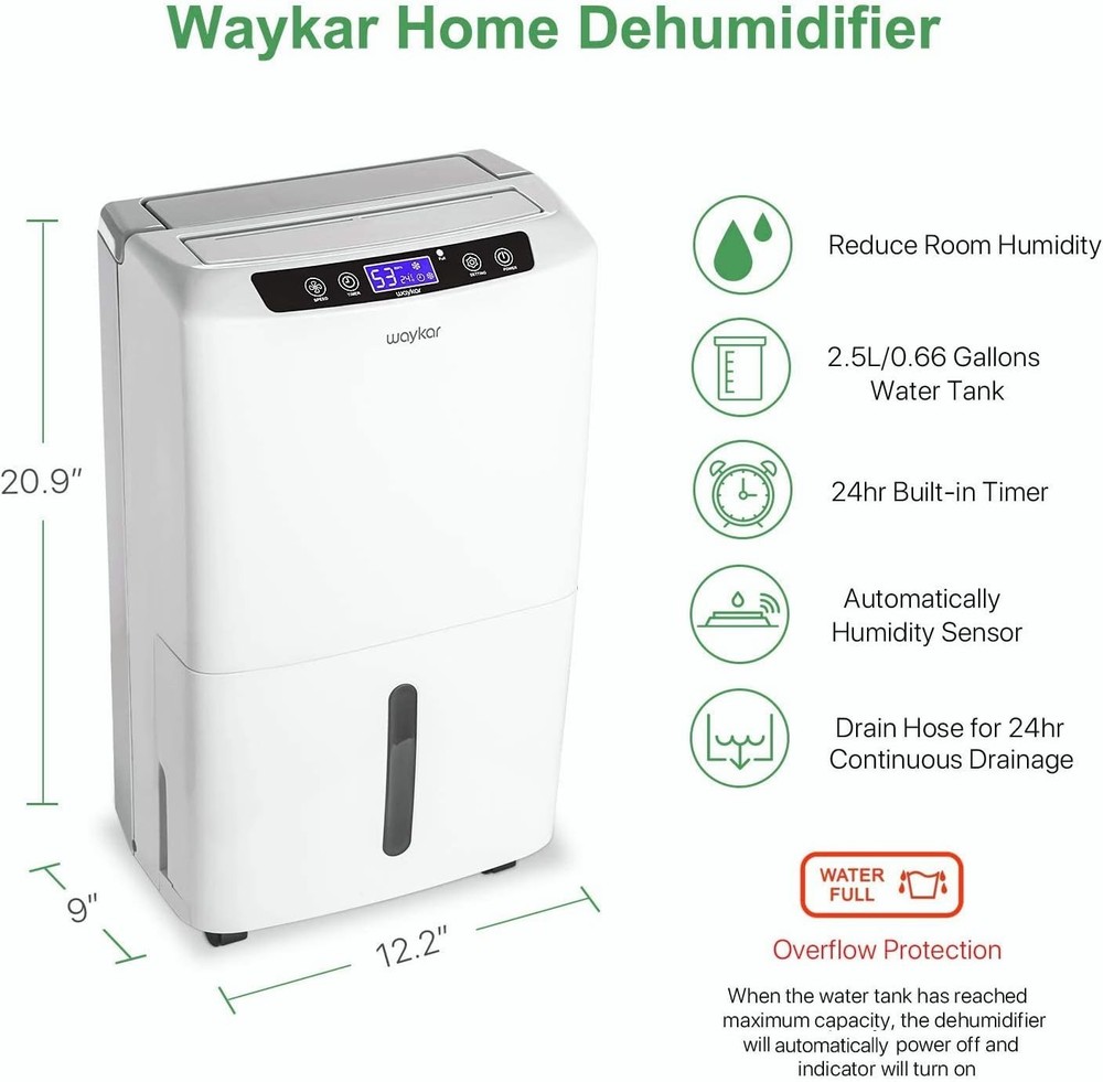 Compact 2000 Sq. Ft Dehumidifier - 34 Pints, Ergonomic Design, Washable Filter