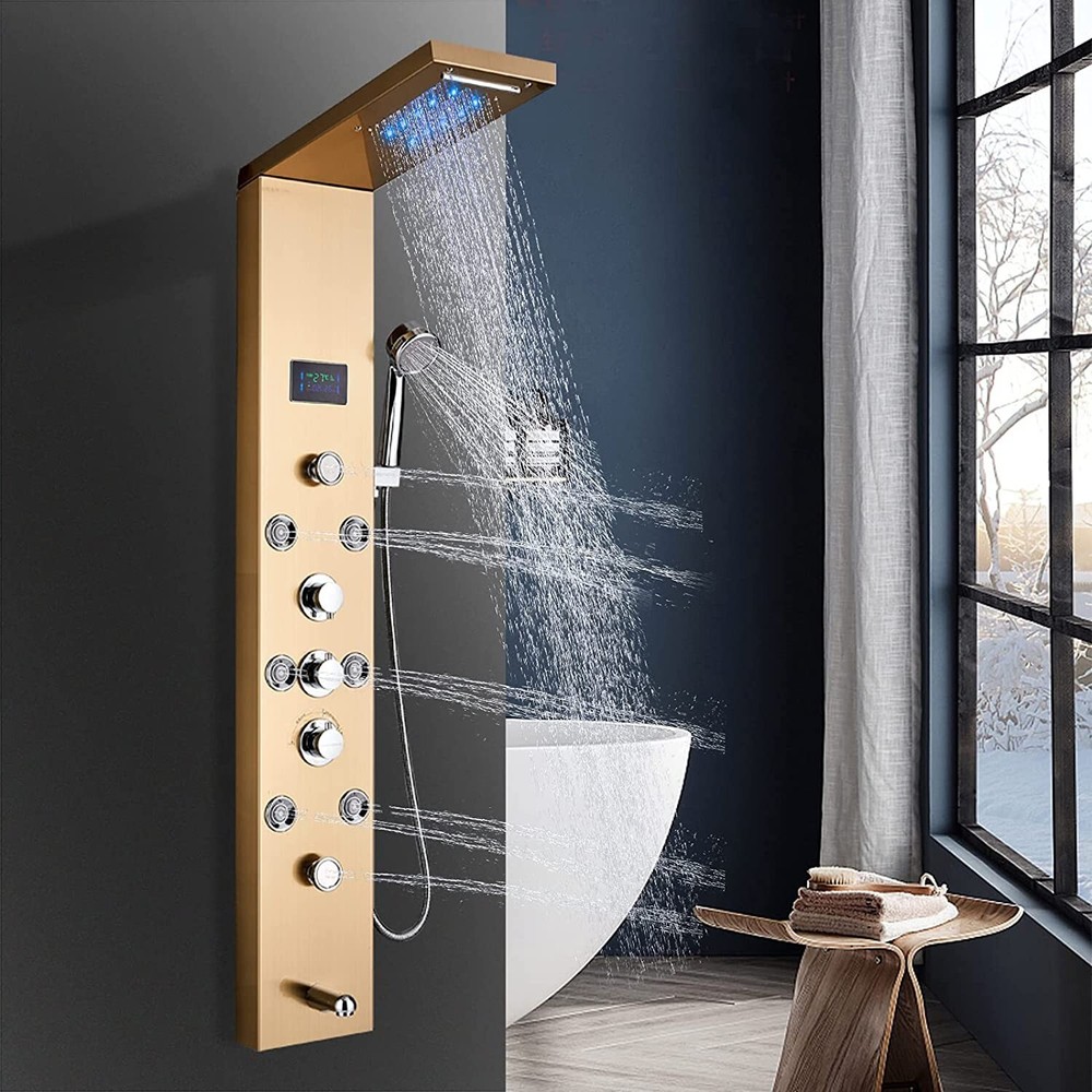 Brushed Gold Shower Panel Tower System Shower Tower Set with LED Rainfall Head