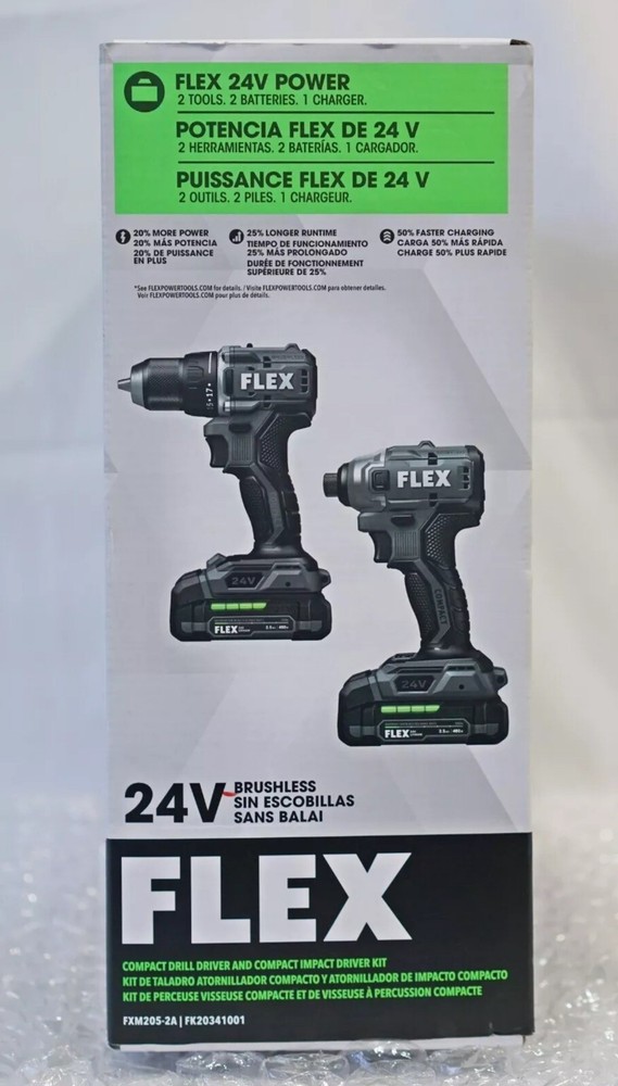 Flex FXM205-2A 24V Compact Drill Driver and Compact Impact Driver 4-Combo Kit