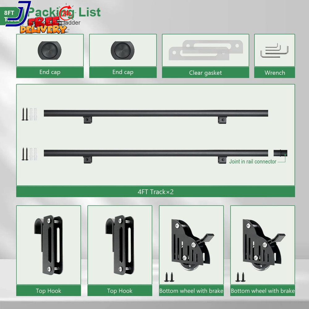 8FT Telescopic Hook on Sliding Library Ladder Hardware Includes Bottom Wheel wit