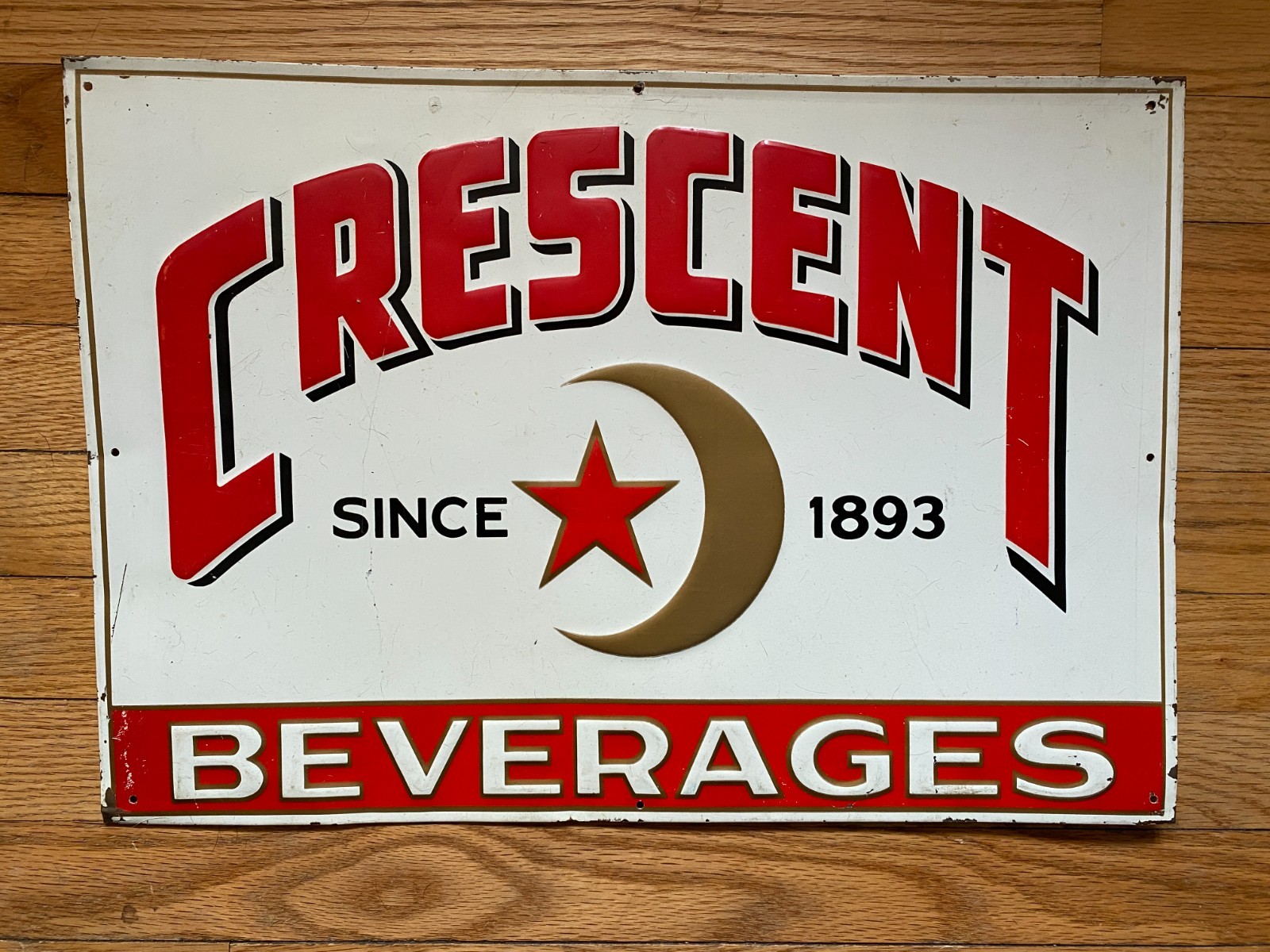 CRESCENT BEVERAGES TIN EMBOSSED SODA SIGN   20" x 14"