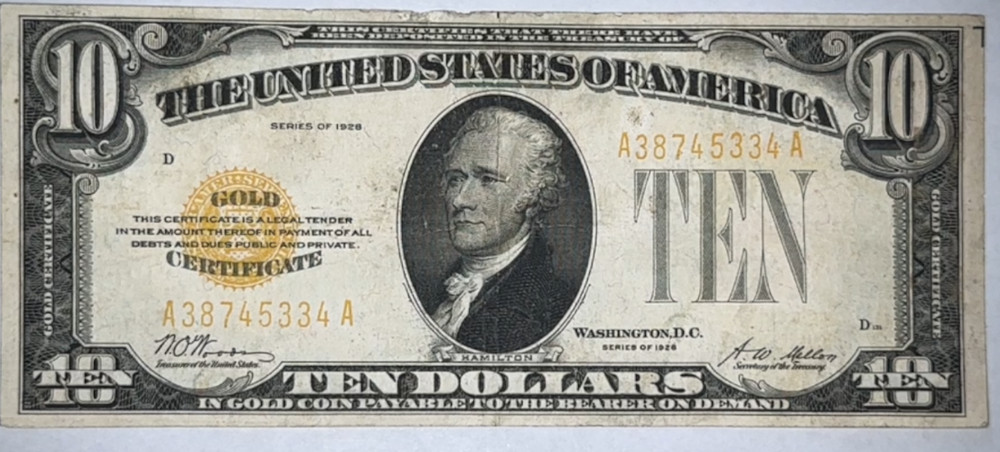 1928 $10 Gold Certificate - Raw - Nice Crisp Note