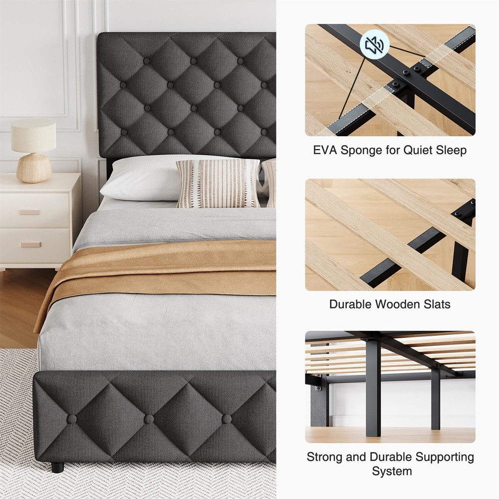 Queen Size Bed Frame with 4 Storage Drawers and Headboard Upholstered Platform