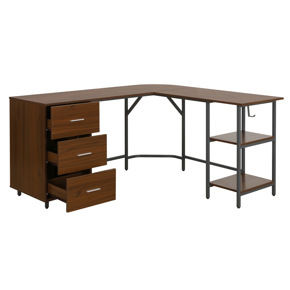 Rustic L-Desk - Engineered Walnut Top - Storage Drawers & Adjustable Shelves
