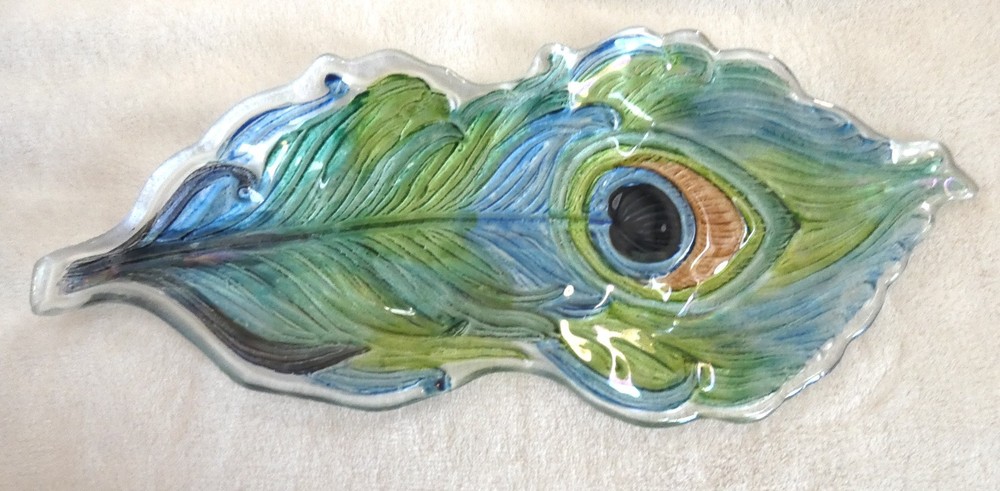 Iridescent Fused Glass Peacock Feather Rectangular Dish