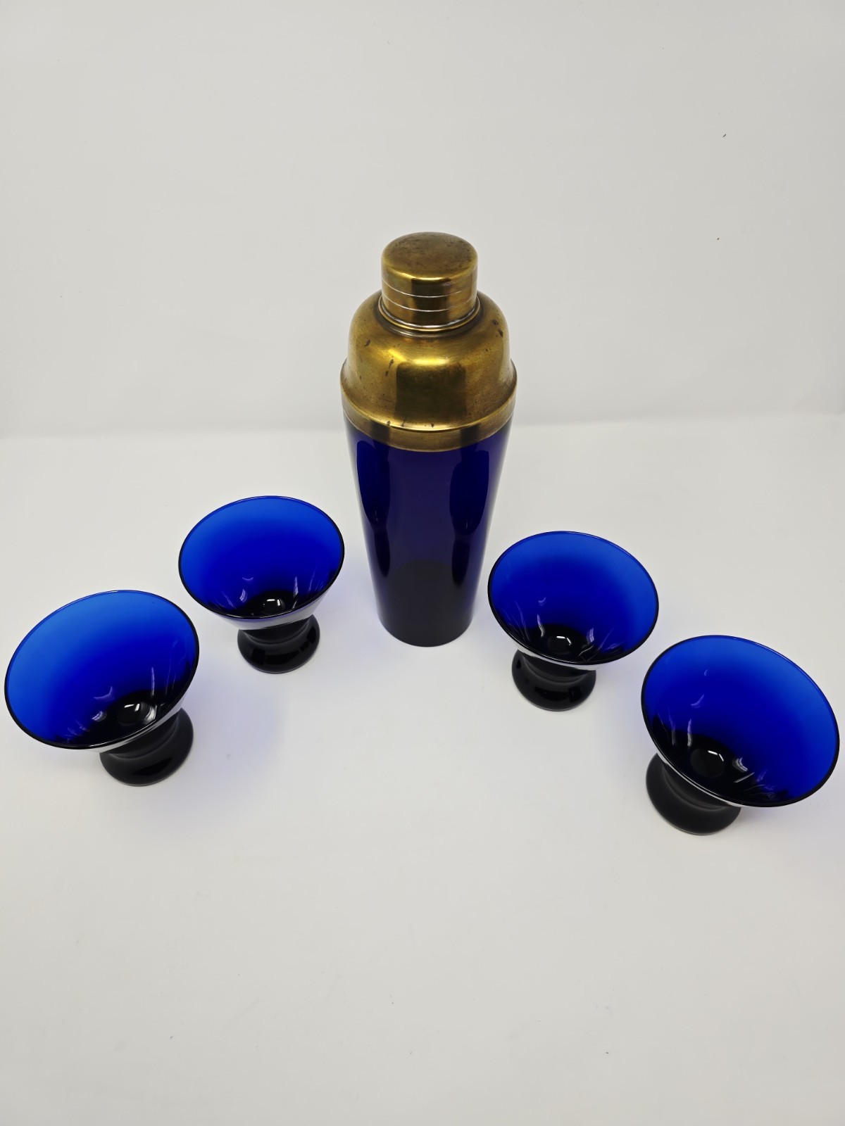 Rare Large Cobalt & Brass Art Deco Cocktail Shaker & Vintage Cobalt Glasses