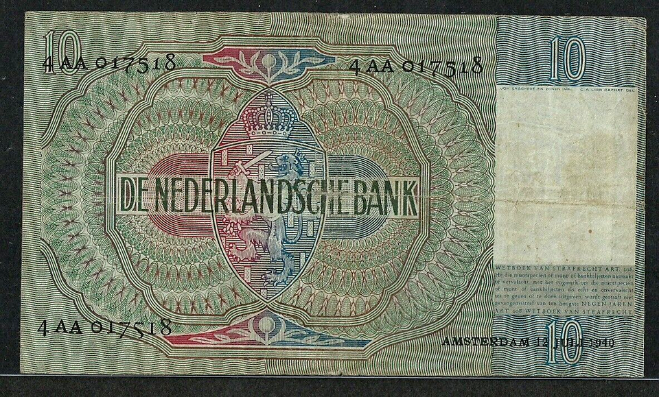 NETHERLANDS 10 GULDEN 1940 Ser. 4AA P-56a VF