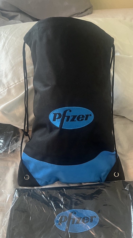 5 Pfizer Pharmaceutical rep swag - Five Drawstring backpacks