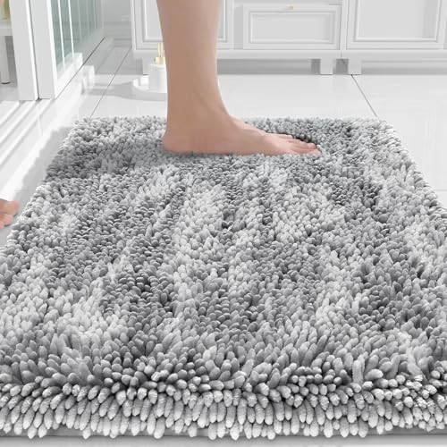 Chenille Bathroom Rugs Non Slip, Extra Solid 24" x 17" Rectangular Light Grey