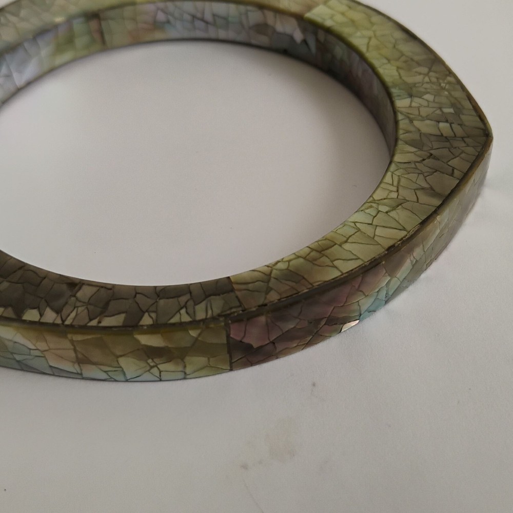 Vintage Modernist Crackle Abalone Shell Triangular Bangle Bracelet