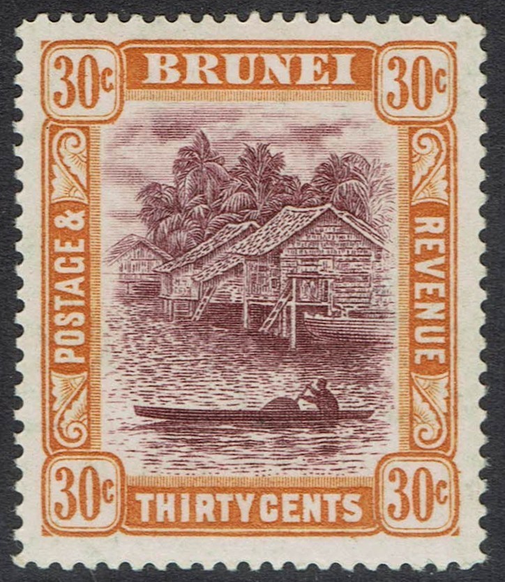 BRUNEI 1924 RIVER VIEW 30C WMK MULTI SCRIPT CA